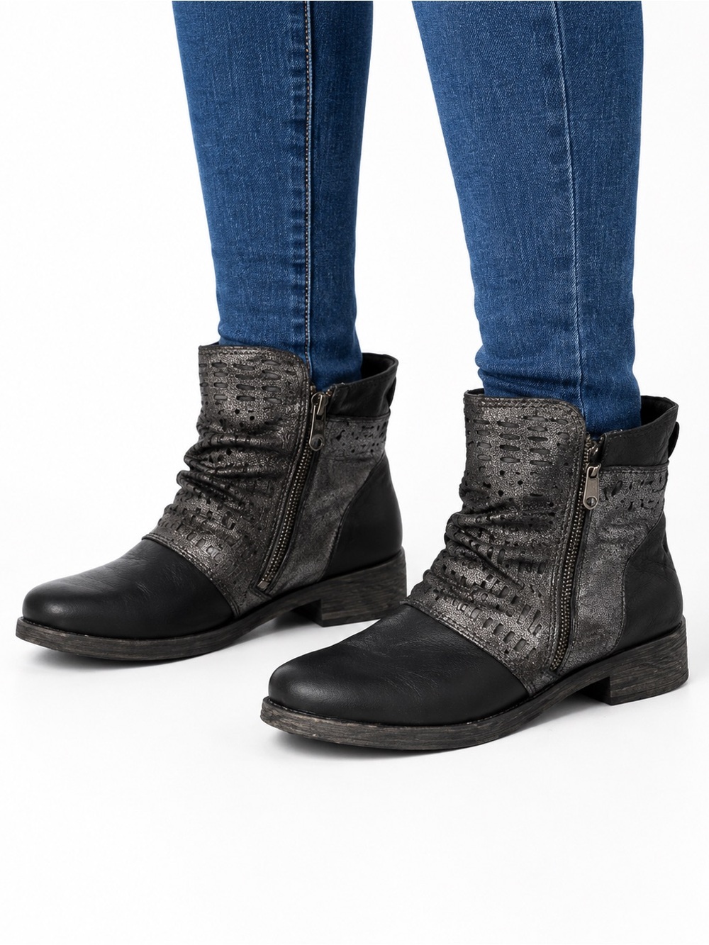 Size 12 (EU 44) Rieker Women’s Perforated Leather Ankle Boots Black Comfort Zip